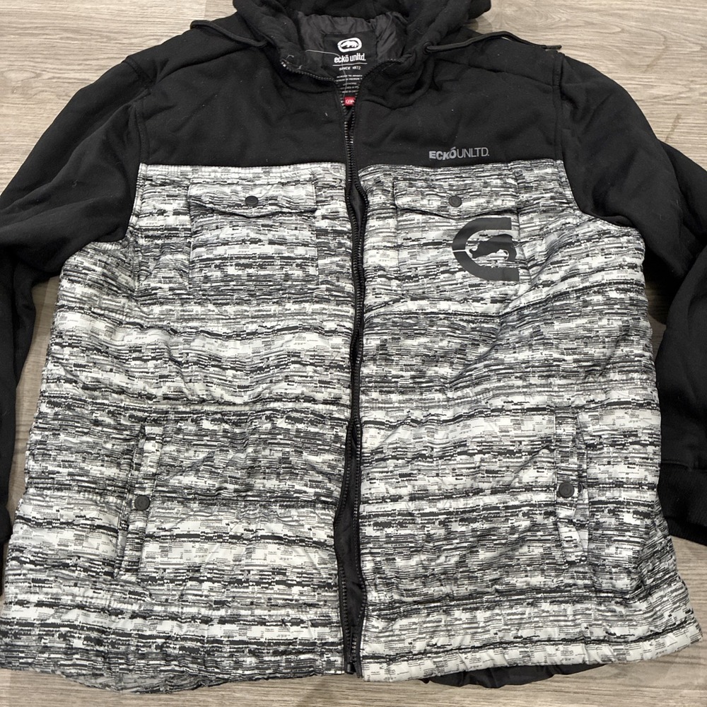 Ecko Unltd. Men Jacket 2XL Black Geometric Rhino Logo Streetwear Zipper